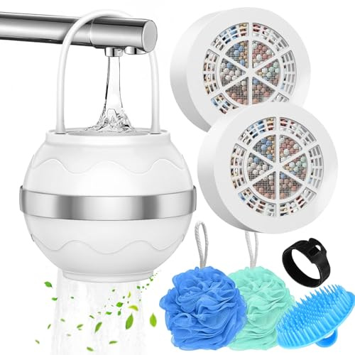 8 Stages Bath Filter with 2 Filter Cartridges, Bath Water Filter for Babies and Adults Removes Chlorine, Bath Tub Hard Water Filter with Portable Shower Ball and Shampoo Brush