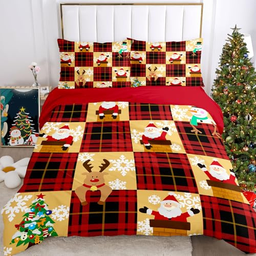 IUNTWEIE weihnachtsbettwäschee,Weihnachtsmann und Elch Schneemann Rot Bettbezug,Weihnachtsdekoration,Weiche Bettwäsche Set mit Reißverschluss (H, 200x200cm)