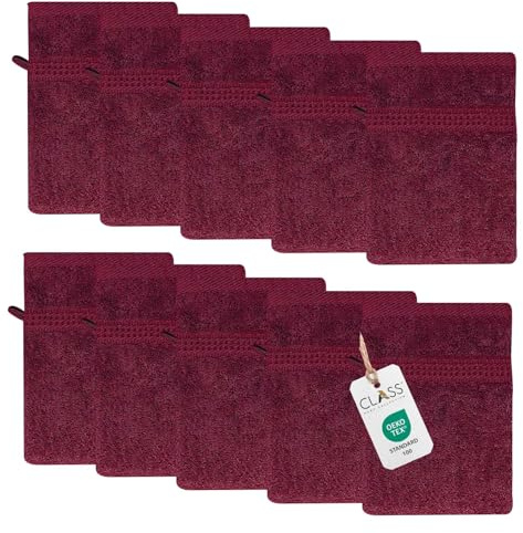 Class Home Collection Frottee Waschhandschuhe 16x21 cm – 10er Set Waschhandschuh – Besonders weiche & saugfähige Waschlappen aus 100% Baumwolle mit Aufhänger – Bordeaux