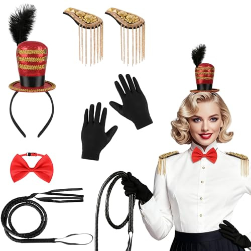 Accesorios de Disfraces de Circo, Diadema con Mini Sombrero de Copa Rojo, Charreteras de Flecos, Látigo, Guantes y Pajarita, Accesorios de Disfraz Domadora para Mujer y Hombres para Halloween Carnaval