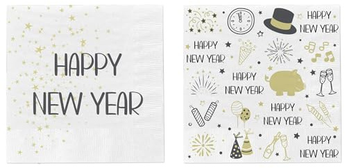 40 Stück Silvester Deko Servietten 33x33cm Happy New Year Weiß Schwarz Gold Tischdeko Papierservietten