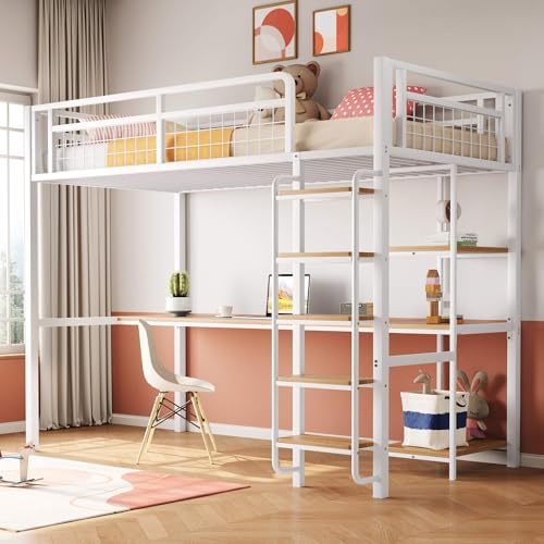 YCYDHDM Cama alta de metal 90 x 200 cm con escritorio y estanterías, litera con espacio de almacenamiento y escalera, diseño de valla de seguridad, cama para niños y adolescentes, color blanco
