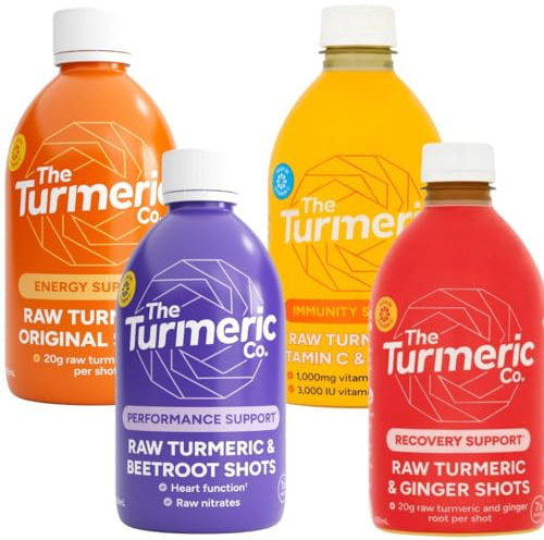 The Turmeric Co. Mixed Flavours Turmeric Shots | 28 Shots | Daily Health & Boost Immunity | Joint Support | Natural Vegan Cold-Pressed Ingredients | Month Supply 4x420ml Dosing Bottles, No Added Sugar