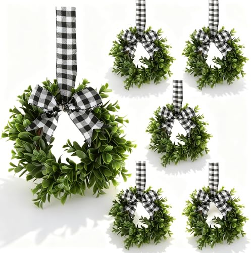 6er Set Frühlingskranz Türkränze Deko Ø25cm, Künstliche Frühling Kränze mit Karo-Schleife, Wetterfest Mini-Kränze, Klein Türkranz mit Grünen Blättern für Fensterdekoration Freien Haustür Home Decor