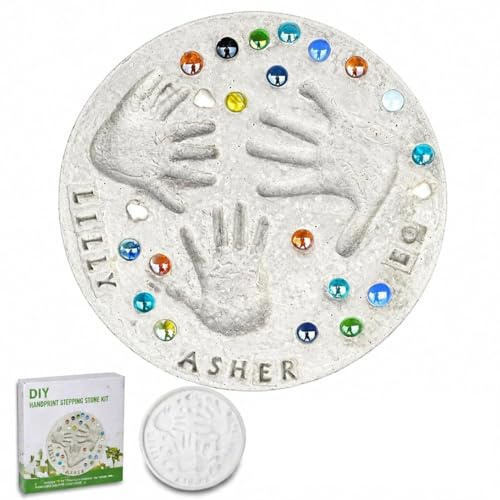 DIY Handprint Stepping Stone Kit for Fathers – 14 Family Keepsake Craft, Fits 3 Handprints, Includes Mould, 26 Letter Stamps & Colored Stones, Father’s Day Gift (12 INCHES)