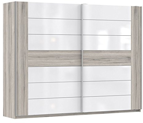 expendio Schwebetürenschrank Rubio 6A Sandeiche weiß Hochglanz 270x210x61 cm Kleiderschrank Schlafzimmerschrank Schrank
