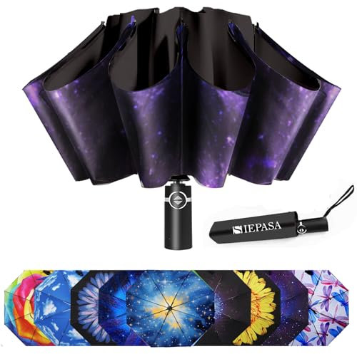 SIEPASA Inverted Umbrella, Large Windproof Compact Umbrellas for Rain & Sun, Compact Reverse Umbrella,Automatic Travel Folding Umbrella for Women Men.(Starry Sky)