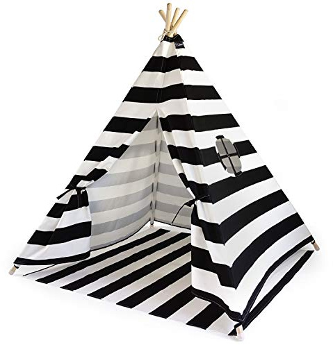 Hej Lønne Kinder Tipi, schwarz weiß gestreiftes Zelt, ca. 120 x 120 x 150 cm groß, Spielzelt mit Bodendecke und Fenster, inkl. Beutel und Anleitung, für drinnen und draußen, schadstofffrei