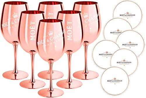 Moet & Chandon - 6 bicchieri da champagne in oro rosa (edizione limitata) Ibiza Imperial Pure Bicchiere da champagne in vetro oro rosa + sottobicchieri