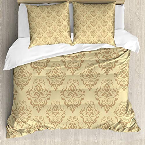 ABAKUHAUS Damast Bettwäsche Set für Doppelbetten, Antike Spitze Blumen, Weicher Microfaserstoff Allegigeignet kein Verblassen, Beige