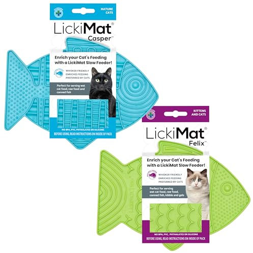LickiMat Casper & Felix, Fish-Shaped Cat Slow Feeders for Feline Boredom and Anxiety Reduction; Perfect for Food, Treats and Anxiety Reduction. (Green Turquoise)
