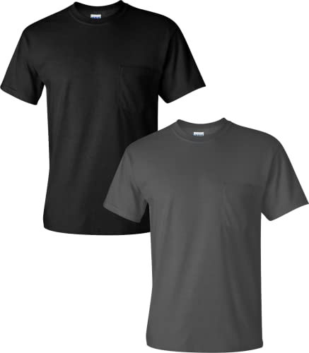 Gildan Men's Ultra Cotton Adult T/Shirt with Pocket, 2/Pack MED/Black/Charcoal, Charcoal, Medium