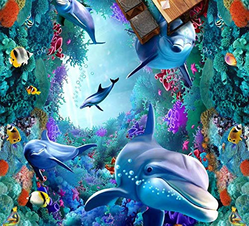 Plancher de vinyle dauphin corail imperméable cuisine papier peint 3d peinture stéréoscopique peintures murales salle de bain-300 * 210 cm