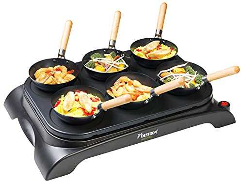 Bestron Set wok électrique de table avec mini wok pour 6 personnes, 6 spatules en bois et 1 louche Noir 1000 W