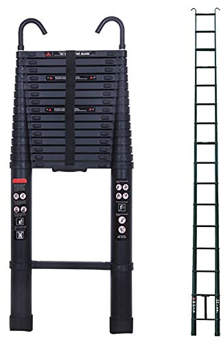 6.2M Black Telescoping Ladder 20.5FT Aluminum Foldable Ladder Extendable Portable Loft Ladder with 2 Roof Hooks Grip Handle Easy to Carry EN131 Safe Standard CE Registered Max Load 330 Pound/150 kg