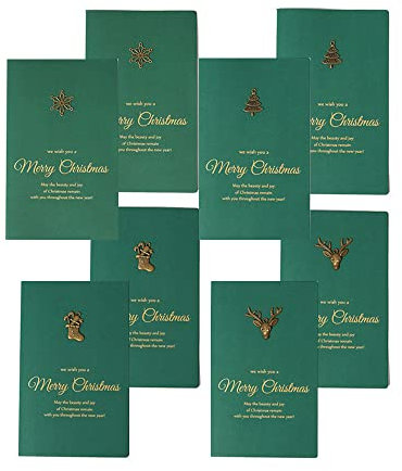 WYAN 8 pcs Vintage Bronzing Weihnachtskarten mit Umschlägen, Blanko-Weihnachtskarten im Vintage-Look, 4 verschiedene festliche grüne Designs. (10,5 X17 cm)