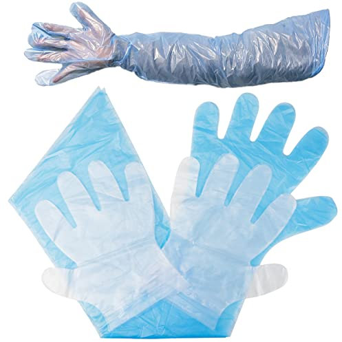 DOERDO 50pcs Disposable Long Arm Gloves, 50pcs Short PVC Gloves, Long Sleeve Vet Gloves Field Dressing Gloves, 35 x 6.3“