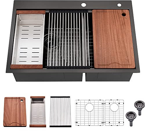 SOMRXO 28x22 Inch Drop In Workstation Kitchen Sink,16 Gauge Black Stainless Steel - 60/40 Low-Divide Double Bowl, 28 x 22