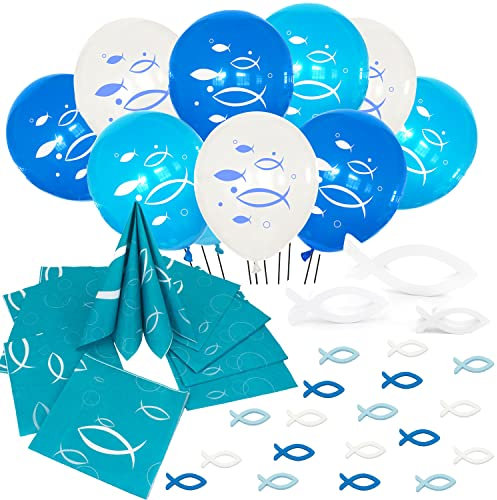 Oblique Unique® Deko Set für Taufe Kommunion Konfirmation Junge - 10 Luftballons + 18 Holz Fische + 3 Deko Fische + 20 Servietten - Blau Weiß Türkis