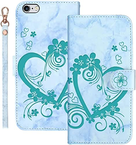 Tiyoo Flip Phone Case for iPhone 6 Plus/iPhone 6s Plus, Marble PU Leather Wallet Case with Embossed Love Heart Floral Pattern, Card Slots, Wrist Strap and Magnetic Clourse Phone Cover (Green) 