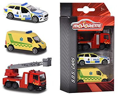 Majorette 212057262033-3-Pack Véhicule d'urgence Suédois avec Voiture de Police dans Volvo V90 Modèle, Ambulance et Camion de Pompiers en métal avec Roues Libre et Pièces Mobiles, 7,5 cm, À partir de