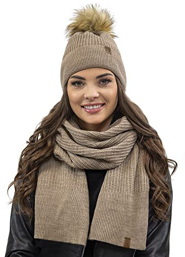 VIVISENCE Elegantes Damen Winter Set Aus Mütze Und Schal Mit Bommel Aus Warmem Garn Für Frauen Antistatische Perfekte Passform Für Elegante Und Sportliche Outfits, Beige,Einheitsgröße