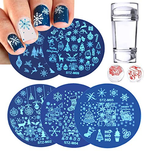 PCAORLEORS 5Pcs Nagel Stamping Schblonen Platte set mit Schnee/Weihnachtssocken/Elch/Glocke für Weihnachtsserie