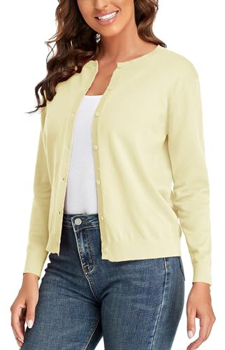 CUNYI Women’s Cardigan Long Sleeve Sweater Lightweight Classic Crew Neck Ladies Coat with Buttons Casual Open Front Elegant Outerwear, Light Yellow XXL