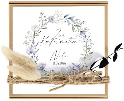 Manufaktur Liebevoll - Geldgeschenk zur Konfirmation, Personalisierte Verpackung inkl. Jutesäckchen für Geld, Schachtel mit Glückwünschen, Namen u. Datum, Box mit Trockenblumen, Karte, Alles Gute