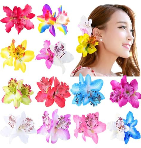 Lot de 12 pinces à cheveux en mousseline de soie pour femme - Fleurs artificielles - Broches florales bohèmes - Orchidée papillon - Pinces crocodiles pour mariage, plage, fête
