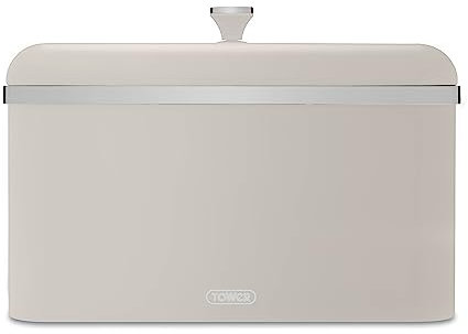 Tower T826130MSH Cavaletto Bread Bin with Removable Lid, Large Capacity, Durable Steel Body, Latte and Chrome