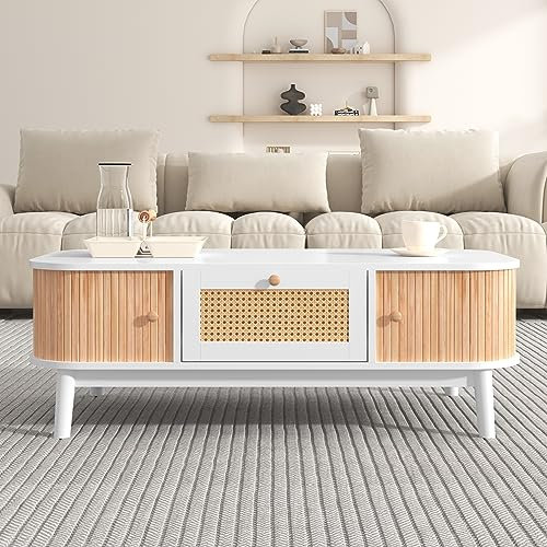 BTM Table Basse. Table Basse en rotin, tiroir avec rotin et Porte coulissante avec Lattes en Bois Massif, Pieds en Bois Massif, Style Rustique Naturel.