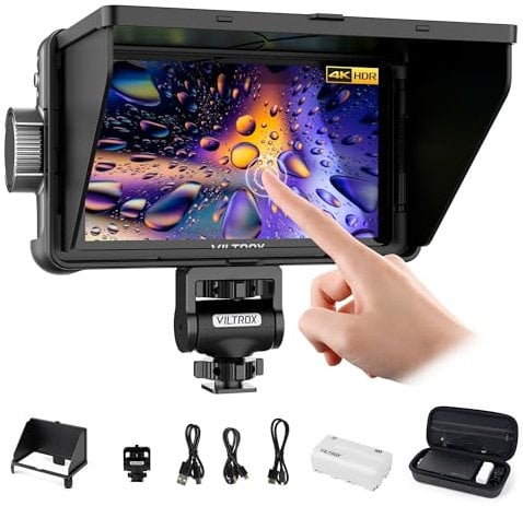 VILTROX DC-550 Touchscreen DSLR Kamera Monitor 1200 Nits Hoch Hell 3D LUT HDR 4K HDMI In and Out 5,5 Kamera Field Monitor mit Sonnenschutz Haube und Akku Exposition Fokusassistent Wellenform Monitor