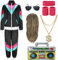 FOVER 80er Jahre Outfit Herren 80er 90er Jahre Accessoires Damen Kostüm Trainingsanzug Pop Art Retro Stil mit Perücke Aufblasbares Radio Schweißband für Mottoparty Fasching Schwarz 027XL