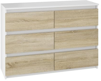 SoDREAMER Kommode mit 6 Schubladen 100x33x71 cm Weiß- Sonoma | Große geräumige Kommode für Kleidung, Dokumente, kleine Gegenstände | Ideal für Schlafzimmer, Wohnzimmer, Kinderzimmer und Büro