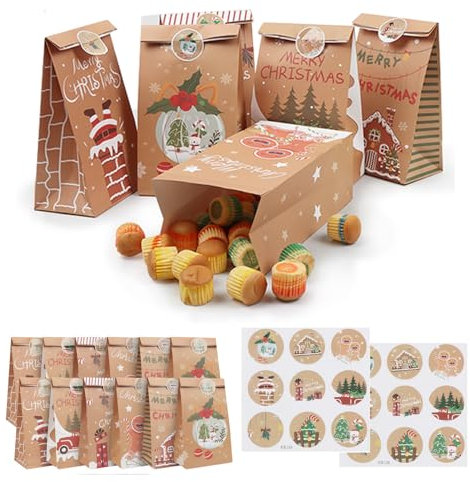 XWCHASA 12 Stück Papiertüten Klein Weihnachten Geschenktüten Weihnachten mit Aufklebern Geschenktüten Papier, Kraftpapiertüten für Weihnachten, Gastgeschenke, Kindergeburtstag, Hochzeit