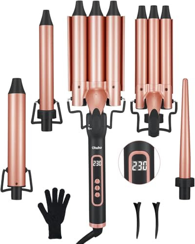 5 in 1 Lockenstab Set, Ohuhu Lockenstäbe mit 9-32 mm Aufsätzen für Große und Kleine Locken, 19 mm/25 mm Keramikbeschichtung 3 Fässer Welleisen, LED Anzeige 80-230°C Einstellbare, Geschenke für Frauen