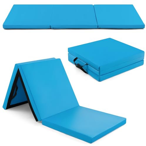 GYMAX Tapis de Gymnastique Épais Pliable 180x60x5cm, Combinaisonable avec Attache Auto-Agrippante, Housse en Simili Cuir, Portable avec Poignées de Transport, pour Yoga, Fitness, Étirement(Bleu)