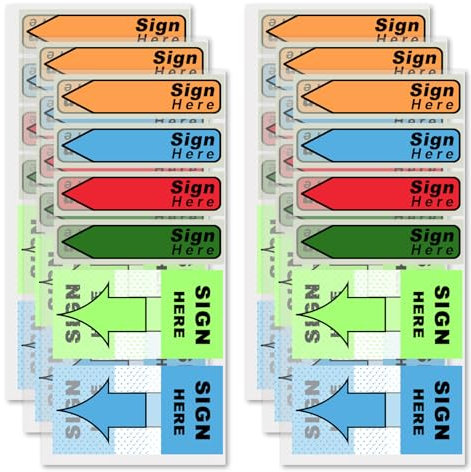 900stk/6 Packungen Schilder zum Unterschreiben mit Spender, Fluoreszierende Farbe Haftnotizen mit Aufschrift Sign Here Einfach Anzubringen Hinweispfeil-Aufkleber für Schule Büro (Grün, Blau)