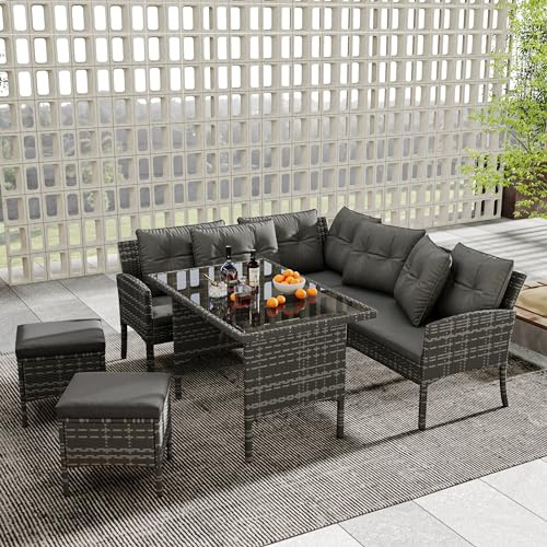 LATICO Gartenmöbel Set Balkonmöbel, Poly Rattan Sitzgruppe Esstisch Lounge Gartenmöbel Sitzgarnitur Möbel Outdoor Garten-Garnitur Set für 7 Personen, Sofa Tisch Hocker&Kissen, Garten Terrassen (Grau)