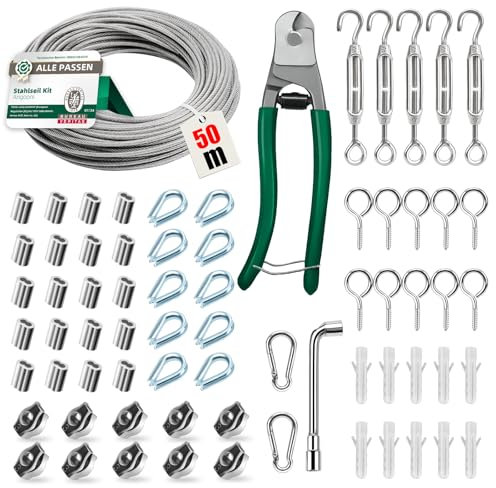 Angooni Lot de 70 Câbles en Acier Inoxydable 50 m, 3 mm d'Épaisseur, Tendeur de Câble, Kit de Tuteur pour Plantes Grimpantes, Corde à Rideaux
