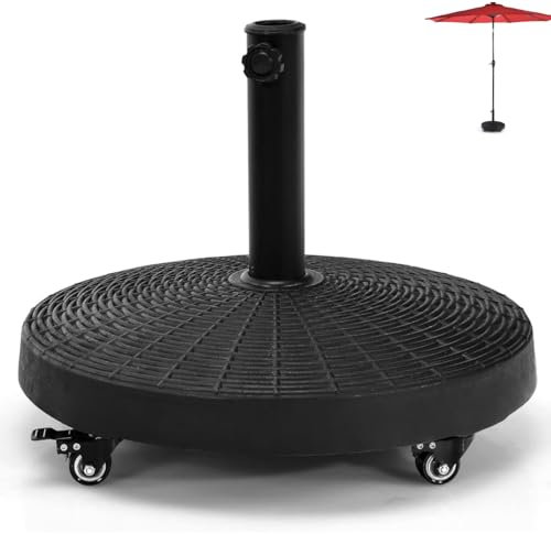 SPOTRAVEL 23KG/24KG Resin Umbrella Base, 38mm-48mm Heavy Duty Parasol Base with 4 Lockable Universal Wheels, Outdoor Round Patio Umbrella Holder for Garden Yard Poolside (24kg, 52 x 52 x 41cm)