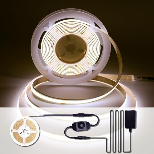 ACELUMO Striscia LED 4000k, Striscia LED COB 3 metri con Alimentatore e Dimmer, CRI 92+, larghezza 8 mm, Striscia LED Dimmerabile per Mobile, TV, Cucina, Bianco Naturale