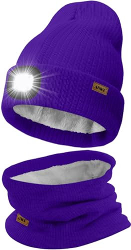ATNKE LED Mütze mit Licht und Schal Set, Wiederaufladbare USB 4 LED Beleuchtete Laufmütze Winter Warme Gefütterte Fleece Halsschlauch und Stricken Mütze für Herren und Damen Geschenke/Purple