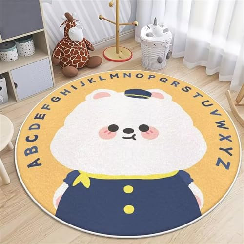 Kinderteppich Teppich Kinderzimmer, Tier-Muster Flauschiger Teppich Rund, Mädchen Weiche Rund Teppich für das Schlafzimmer Wohnzimmer Kinderzimmer, Rund Spielmatte Babymatte (Weißer Bär,120X120CM)