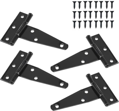 4 Pcs Gate Hinges, Heavy Duty Gate Hinges, Black Door Hinges, Garden Gate Hinges, T Hinges, for Wooden Fences, Yard Gate, Wrought Hardware Iron Rustproof, Window, Shed Door