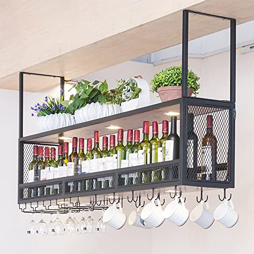 asdchZen An Der Decke Montiertes Weinregal Mit Glashalter, Industrielles Weinregal Aus Metall, Champagnerglas, Kelche, Flaschenhalter, Hängendes Schwebendes Weinregal F,Black,120x30cm