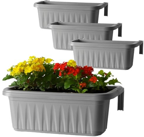 GarPet 4er Set Balkonkästen mit Aufhängung, Grau, 50 cm, Selbstbewässernd, Hängend, Geländerhalterung, Modern, Mittel, Kunststoff, Outdoor, Rechteckig, 11 Liter, 4 Stück
