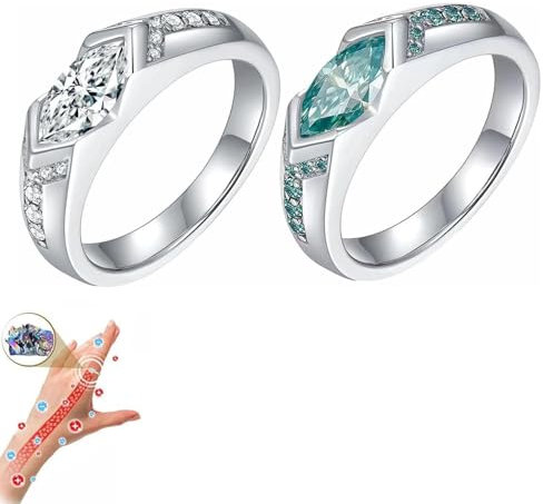 KIASRZN Magnetischer Moissanit-Diamantring mit Titanionen für die Lymphtherapie, Kristall-Lymph-Detox-Ring, modischer offener Zirkonia-Ring für Männer und Frauen (Green + white)