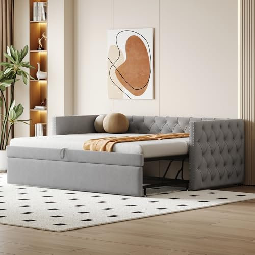 Dolamaní Jugendbett Schlafsofa 90x200 cm mit Ausziehbett gleiche höhe, Ausziehbares Bett mit Lattenrost, Klassische Vollform mit Knöpfen, Samt Polsterbett (Hellgrau)